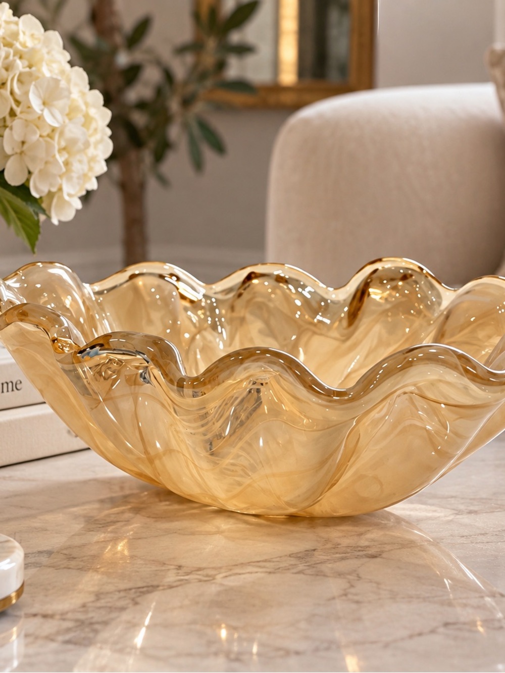 Italian Art Glass Ruffled Bowl Murano Style Champagne Swirl 10” Made in Italy